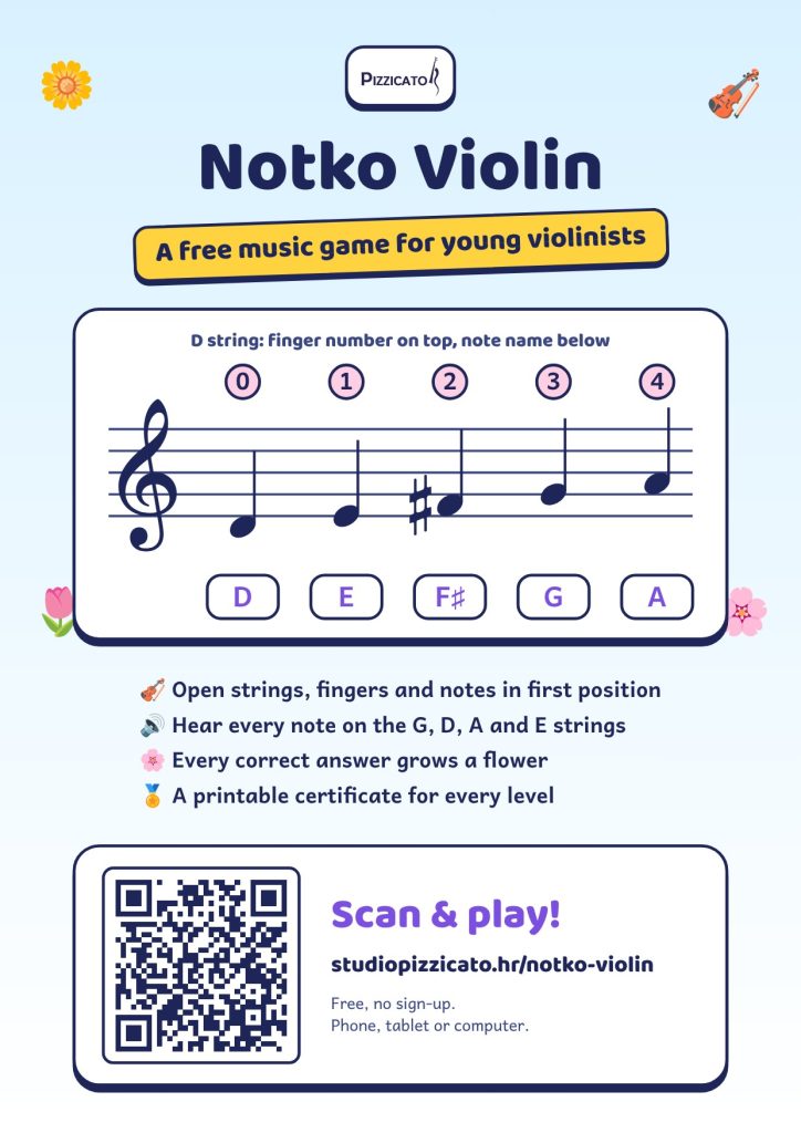 Notko Violin poster with a QR code to the game